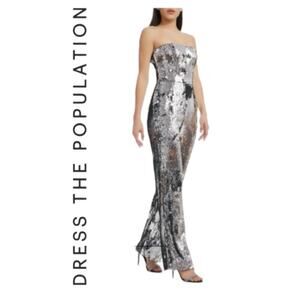 Dress the Population Andy Silver Sequin Strapless Jumpsuit Size XL Glam Party